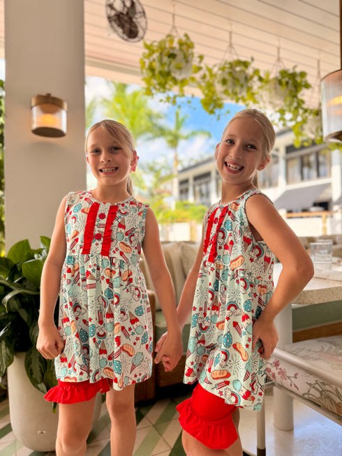 Girls Patriotic Picnic Ruffle Shorts Set with Matching Bow - Bowtism